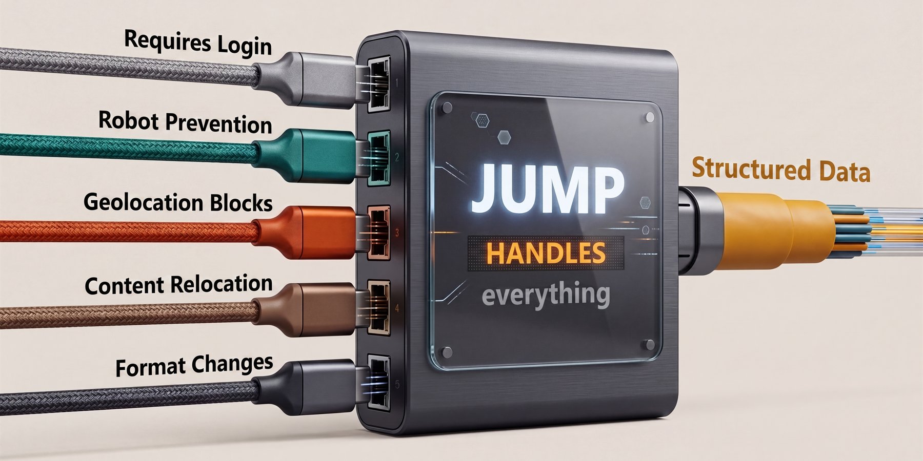 Five kinds of awkward source — requires login, robot prevention, geolocation blocks, content relocation, format changes — entering JUMP, which handles all of them, and leaving as structured data.